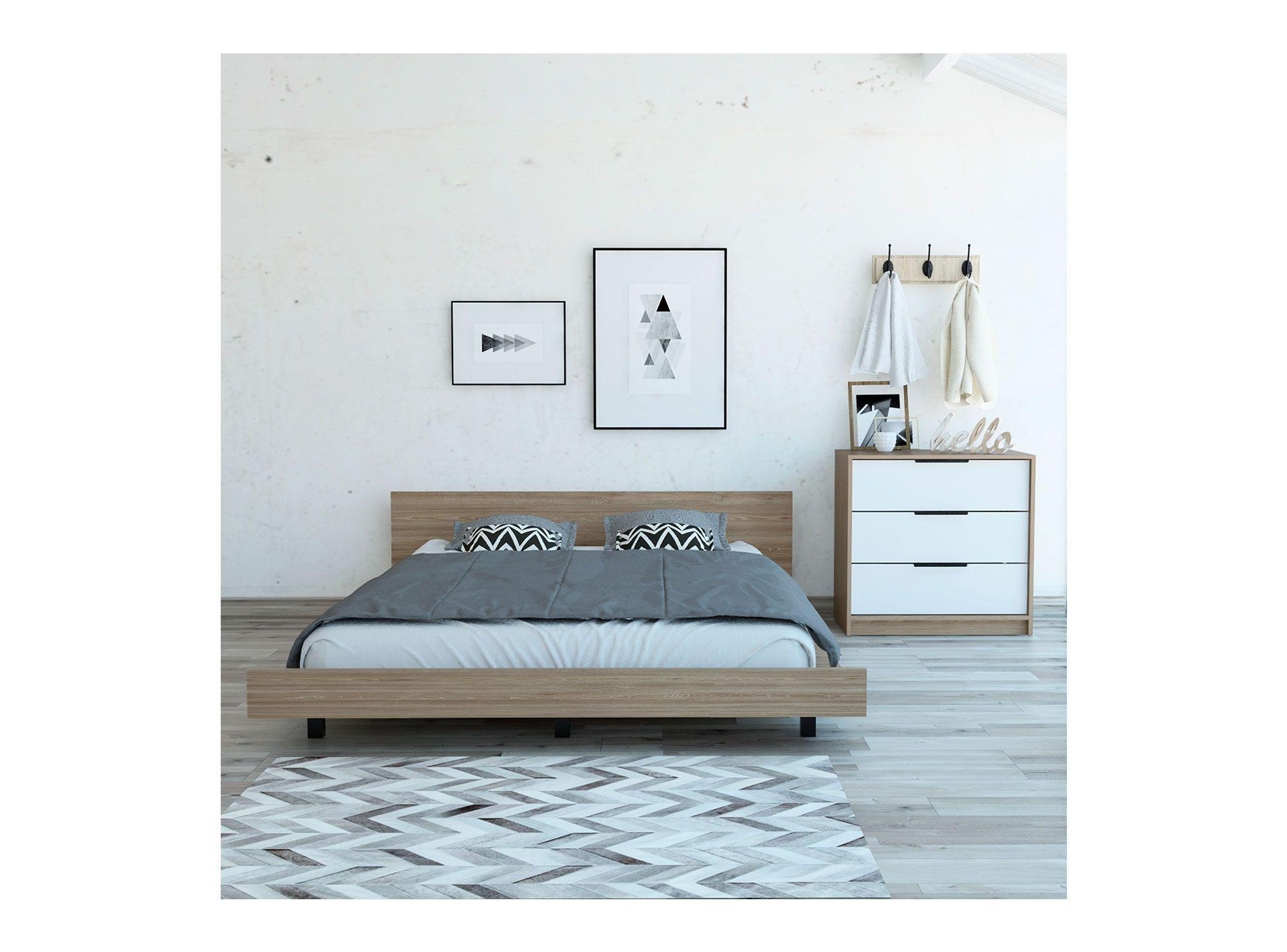 Cama 2 plazas + cómoda 3 cajones Kaia miel/blanco TuHome